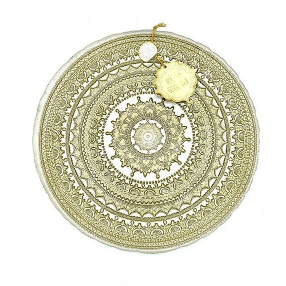 Turkish Glass White Charger Plates Hand Painted Gold Lace Set of 3 NWT White